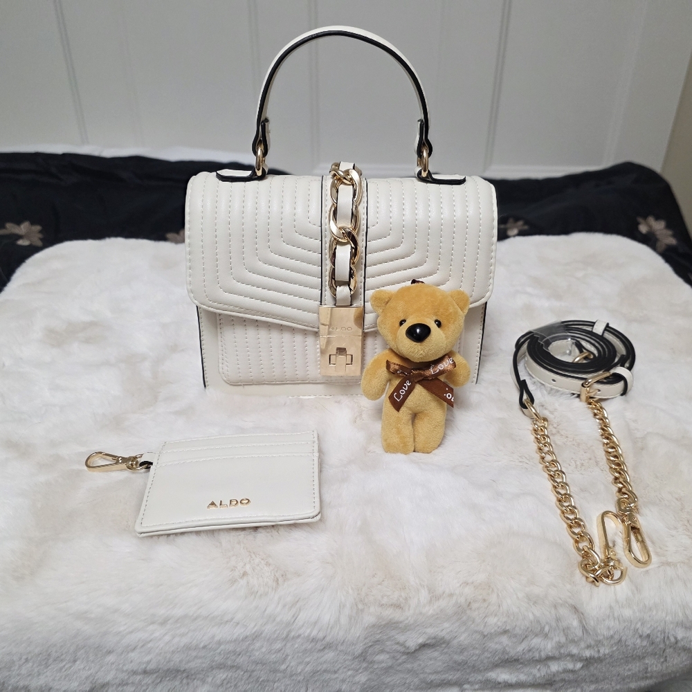 Aldo Special Edition Set Cream Handbag With Bear Charm, Card Holder, Strap